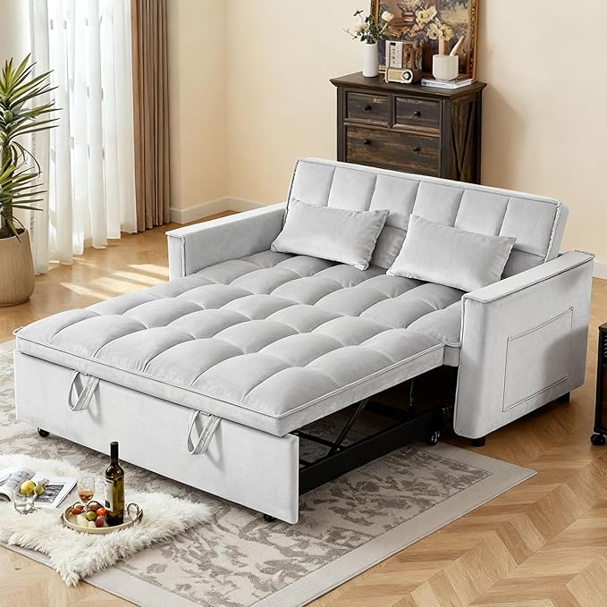 Convertible Sofa Bed Pull Out Sofa Bed with Adjustable Backrest 3 in 1 Velvet Fabric Loveseat Sleeper Sofa Bed Couch with Side Pockets for Living Room Bedroom Apartment Light Gray