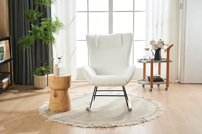 Rocking Chair Nursery Solid Wood Legs Reading Chair with Fabric Upholstered Nap Armchair for Living Rooms Bedrooms Offices Best GiftWhite Fabric