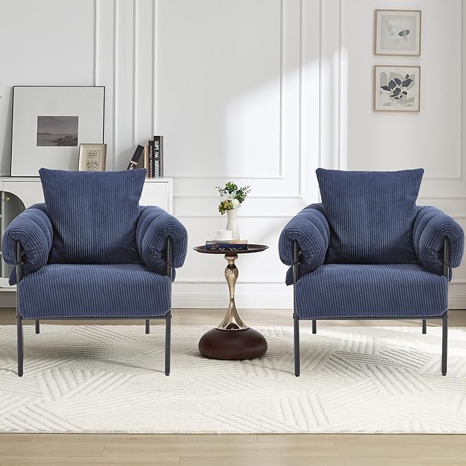 YITAI Modern Upholstered Velvet Accent Set of 2Comfy Lounge Sofa Fabric Large Arm Chair with Soft Pillow Metal Frame Reading Chair for Living Room Bedroom Balcony Blue