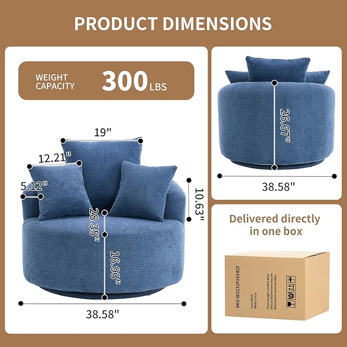 40” Blue Round Swivel Chair with 3 Pillows &amp Thick Cushion Oversized 360° Swivel Accent Chair Modern Boucle Armchair for Nursery Living Room Bedroom Club
