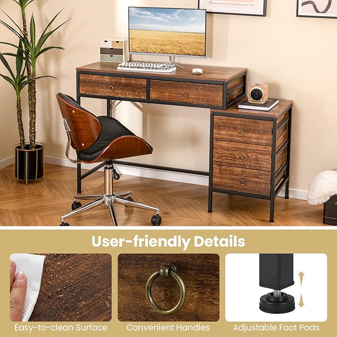 Tangkula Computer Desk with 5 Drawers 51 Home Office Desk with Printer Stand Metal Frame Study Writing Table Industrial Computer Workstation PC Desk for Bedroom Office Small Space Rustic Brown