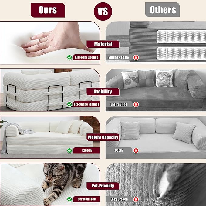 JJJ 78 inch Sofa Bed 4-in-1 Boneless Convertible Corduroy Sleeper Folding Couch with Fixed-Shape Frame and 2 Pillows Futons No-Assembly 3 Seater Upholstered for Living Room (Beige 78 inch)