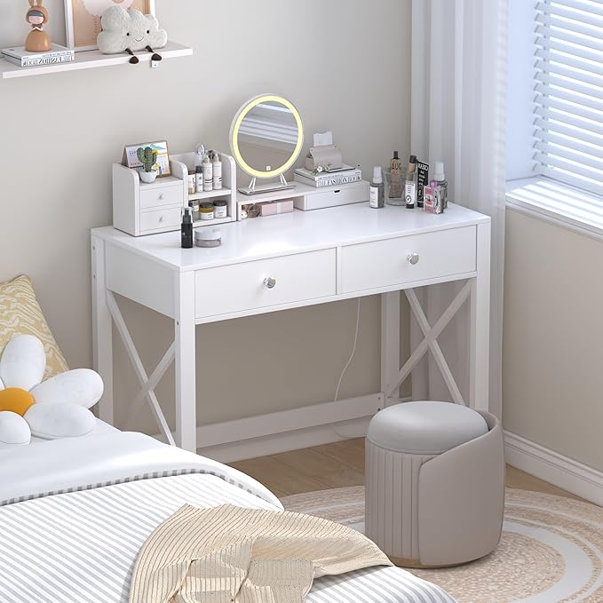 WiberWi Home Office Desk with Drawers White Modern Writing Computer Desk with Power Outlets Small Makeup Vanity Table for Bedroom Study Table for Home Office