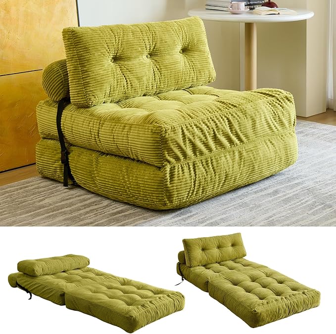 Folding Sofa Bed Convertible Sleeper Chair with Pillow Foldable Mattress with Back Support Portable Floor Sofa Lounge for Living Room Bedroom Dorm(Green Single)