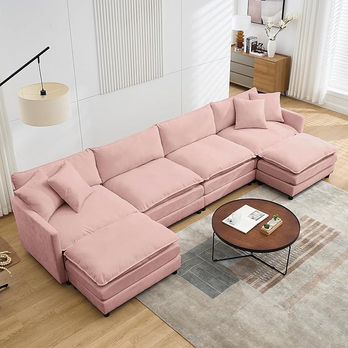 Oversized Modular Sectional SofaSofa Couch with Movable Ottoman Deep SeatSoft Chenille Corduroy Cloud Couches for Living Room ApartmentOffice (Pink 4+2 U)