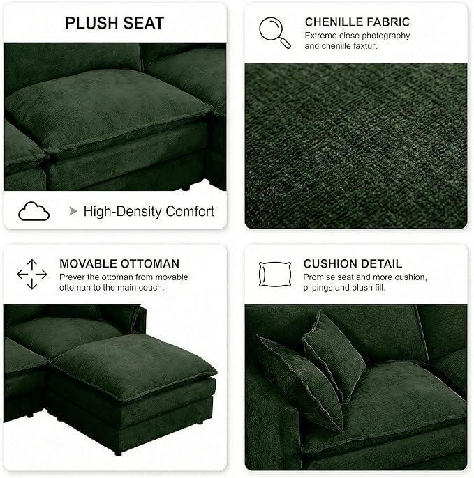 Homy Casa 102 Inch L Shaped Couch Set3-Seat Sectional Sofa with Chaise Comfortable Chenille Fabric Removable Cushions Ottoman DIY CombinationModern Design for Living/Family Room (Green)