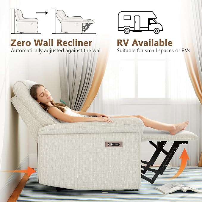 Wall Hugger Recliners for Small Spaces Zero Wall Power Recliner on Clearance Fabric RV Recliner Home Theater Seating for Living Room w/USB Ports (Beige)