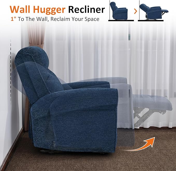 MCombo Compact Wall Hugger Power Recliner Chair for Small Spaces Dual USB-A/C Ports Rolled Arm Recliner for Living Room &amp RV Fabric PR520 (Fabric Navy Blue Small)