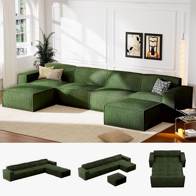 Marsail 111' Modular Sectional Sofa L-Shape Corduroy Cloud Couch with Deep Seat Freely Combinable Boneless Sofa for Living Room No Assembly Required Dark Green