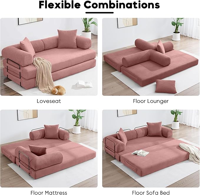 78.5 Inch Convertible Sleeper Sofa Bed 5 in-1 Boneless Floor Couch Bed with Fixed-Shape Frame Modular Futon Couch for Living Room Apartments RV Studio Bedroom Small Spaces Pink