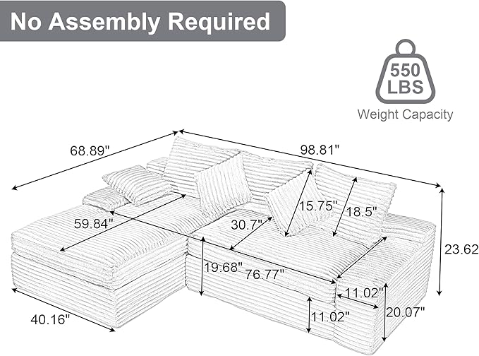 99 Cloud Modular Sectional CouchL-Shape Sofa Couch with Deep SeatModern Boneless Compressed Sofa with Chaise3 Seater Corduroy Couches for Living Room Bedroom No Assembly Required (Black)