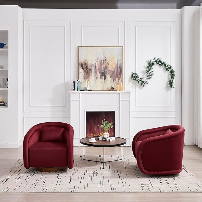 Pumpkin-Shaped Swivel Accent Chair with 360° RotationTeddy Upholstered Barrel Armchair with Solid Wood Base for Bedroom Living Room (Wine Red)