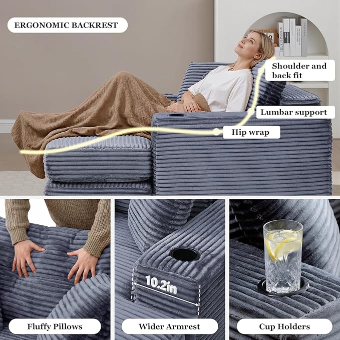 HANXIN 62 Chaise Lounge Chair Indoor Oversized Corduroy Boneless Convertible Chaise Lounge Couch Sleeper Chair with Ottoman Deep Seat Reading Chair No Assembly Required (Grey)