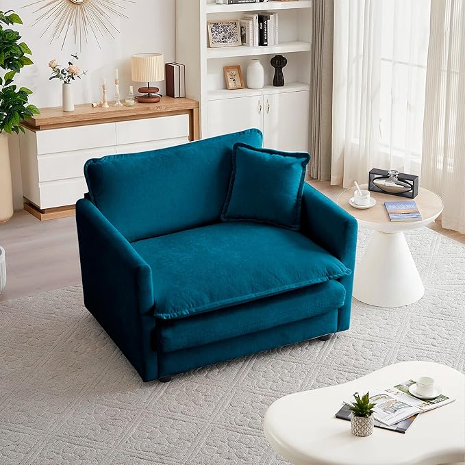 mikibama 41.4 Inch Single Seat Sofa Chenille Comfy Deep Upholstered Couch Armchair with Toss Pillow for Living Room Bedroom Office Apartment Blue