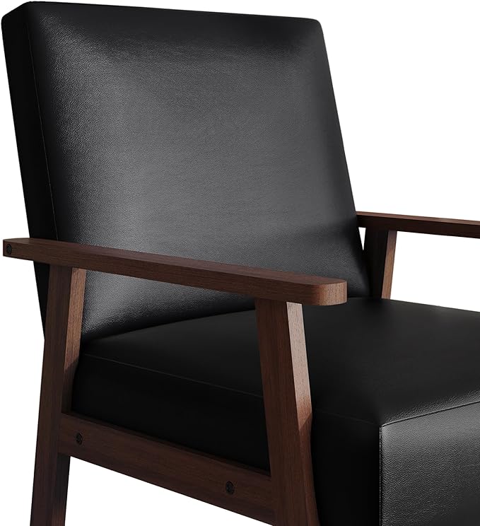 Mid-Century Modern Accent Chair Polyurethane Upholstery Wooden Armrests Cushioned Seat Easy Assembly Black