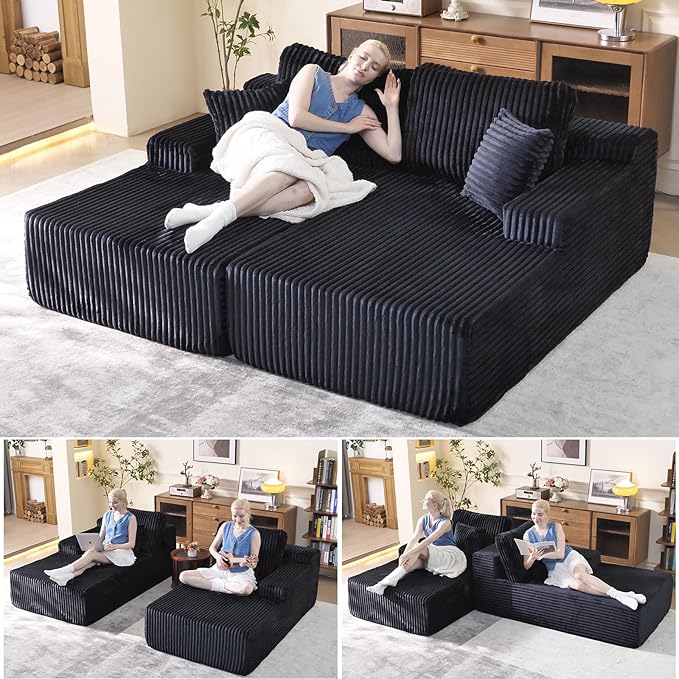 Oversized 79” Double Chaise Lounge Sofa Bed Deep Seat Corduroy Cloud Loveseat Chair No Assembly Plush Upholstered Sleeper for Living Room or Bedroom (Black)