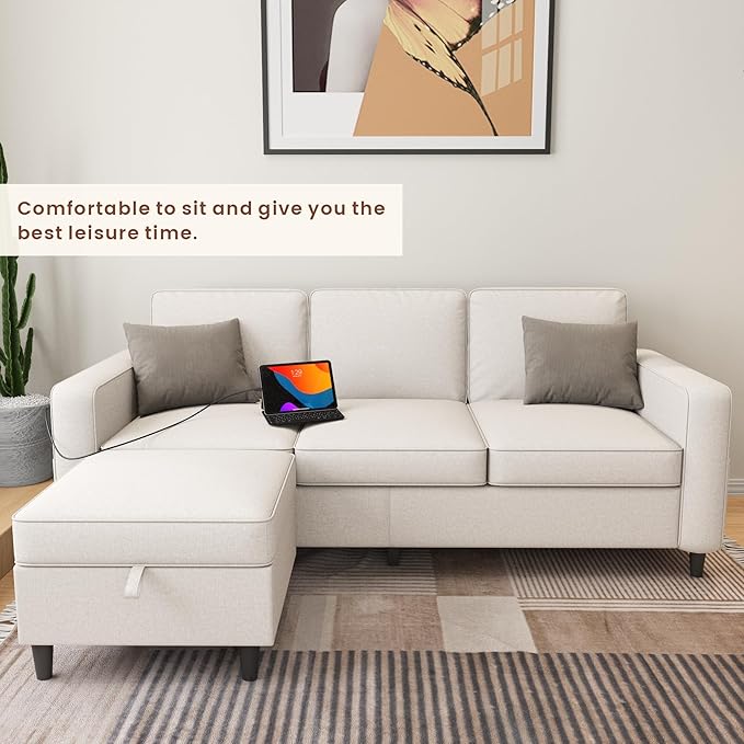 Sectional Couches for Living Room - Deep Seater Couch Living Room-Comfy L Shape Modular Sofawith Storage Chaise-Washable Covers-Suitable for Living RoomsApartmentsRooms and Offices-BeigeUSB