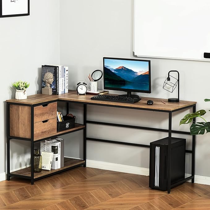 Home Office Desk L-Shaped Home Offie Computer Desk with Storage Shelves 2 Dawers and Industrial Steel Frame Black/Brown