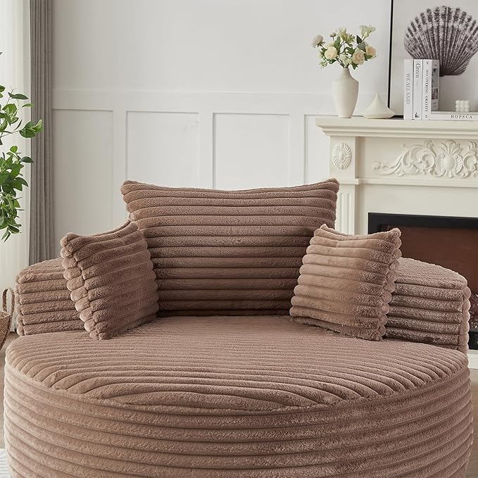 Oversized Round Chaise Lounge Chair Indoor 55W Circle Comfy Armchair with Deep Seat Floor Cloud Boneless Chair Upholstered Modern Cozy Sofa Chairs for Living Room Bedroom(Corduroy Brown)