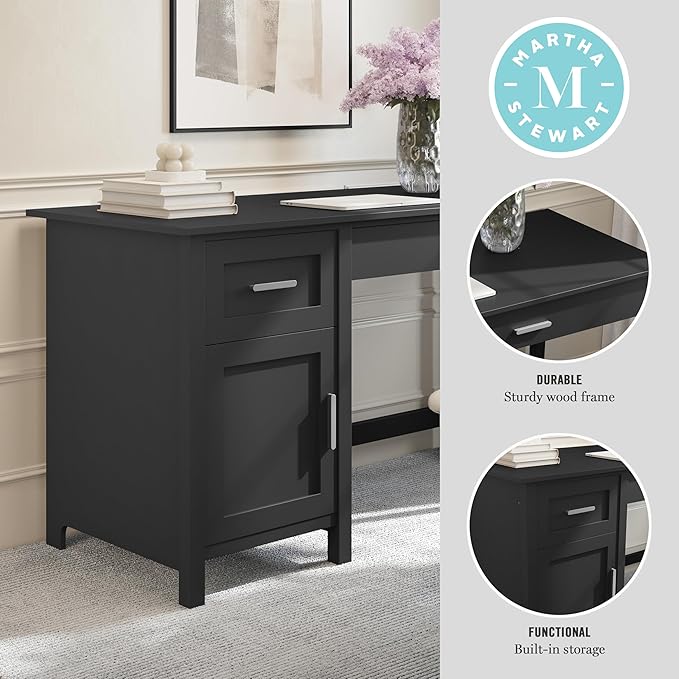 Martha Stewart Hutton Shaker Style Home Office Desk with Storage in Black with Brushed Nickel Hardware