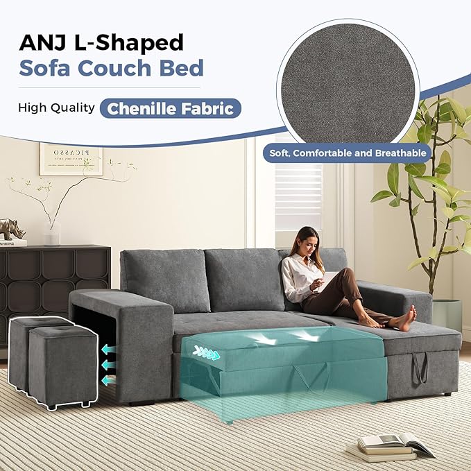 ANJ L Shaped Sectional Sleeper Sofa with Pull Out Bed and Storage 4-in-1 Convertible Couch with Hidden Ottoman and Arm Storage Easy Assembly Modular Sofa Bed for Living Room Grey