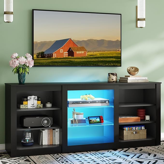 WLIVE Modern TV Stand for 65 Inch TV Entertainment Center with Adjustable Open Shelves &amp RGB LED Lights Sturdy Media Console for Living Room BedroomGaming (Black)