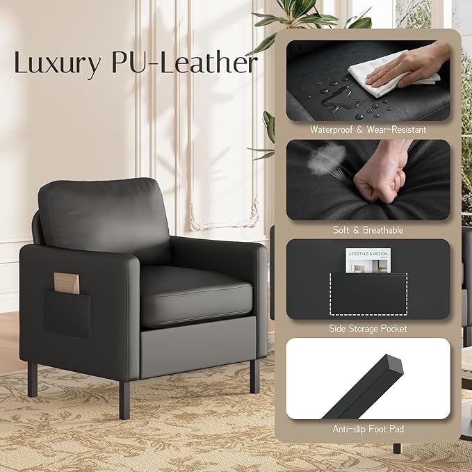 AODAILIHB Black Leather Accent Chair Modern Accent Chairs with Arms Small Chair with 2 Pocket/Thick Cushion Comfy Single Seat Sofa Couch for Living Room/Waiting Room/Office (1 Black)