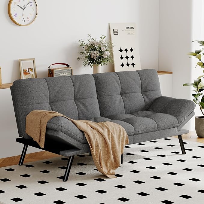 Opoiar Convertible Futon Sofa Bed Grey Linen Futon Couch with Adjustable Backrest &amp Armrests Folding Small Recliner Sleeper Sofa Bed for Living Room Apartment Office