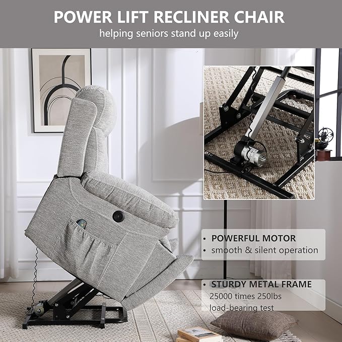 CANMOV Large Power Lift Recliner Chairs with Massage and Heat for Elderly Big People Heavy Duty Motion Reclining Mechanism-Anti Skid Fabric Recliner Chair with 2 Concealed Cup Holders Smoke Gray
