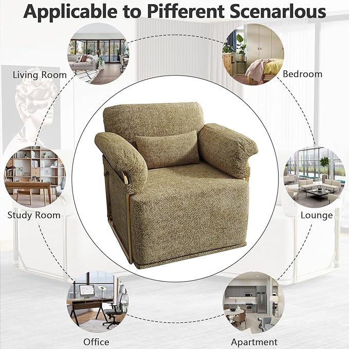 Swivel Accent Chairs 360 Swivel arm Chairs for Bedroom Club Chair with Back Gold Frame Tall Base for Office and Living Room (Brown)