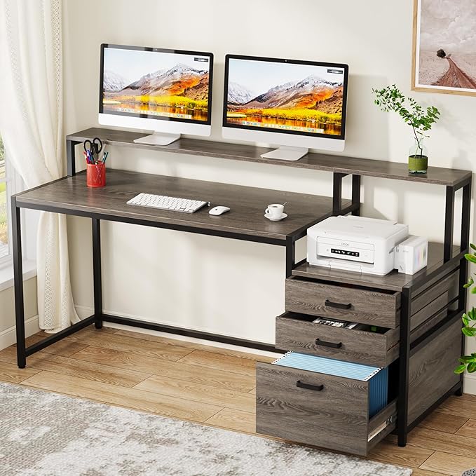 LITTLE TREE 63 Inch Computer Desk with File Drawer Cabinet Home Office Desks with Ergonomic Monitor Stand