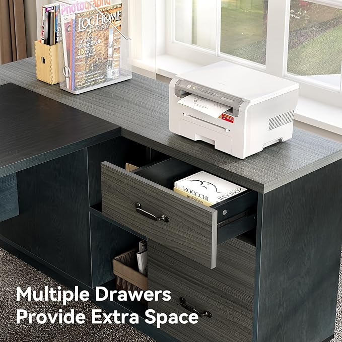 LITTLE TREE 78-Inch Executive Office Desk with File Cabinet Large Modern Corner Office Desk for Home Office 3-Drawer Wood File Cabinet Spacious Workstation for Home Office (Grey &amp Black)
