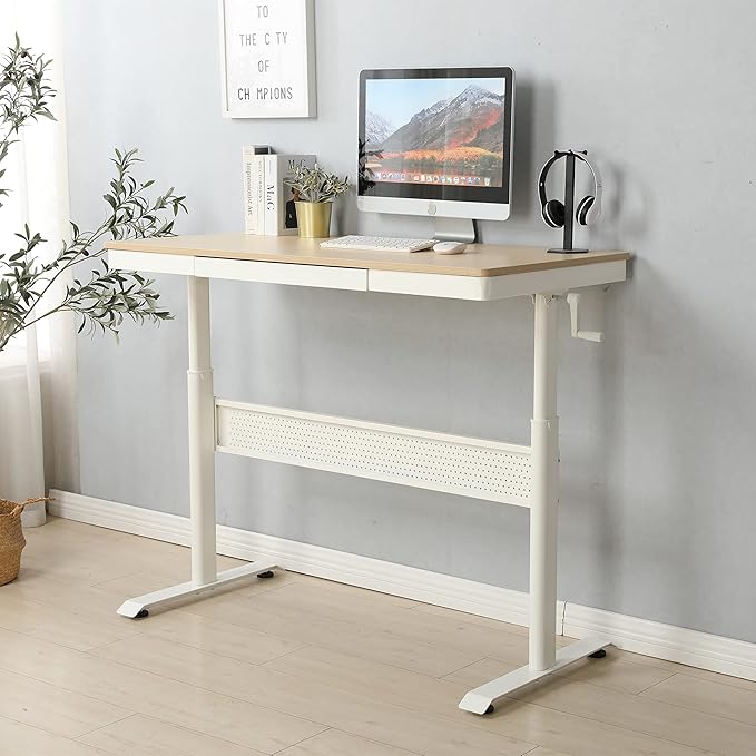 (Maple Tabletop) 48 x 24 InchesStanding Desk with Metal Drawer Adjustable Height Stand up Desk Sit Stand Home Office Desk Ergonomic Workstation