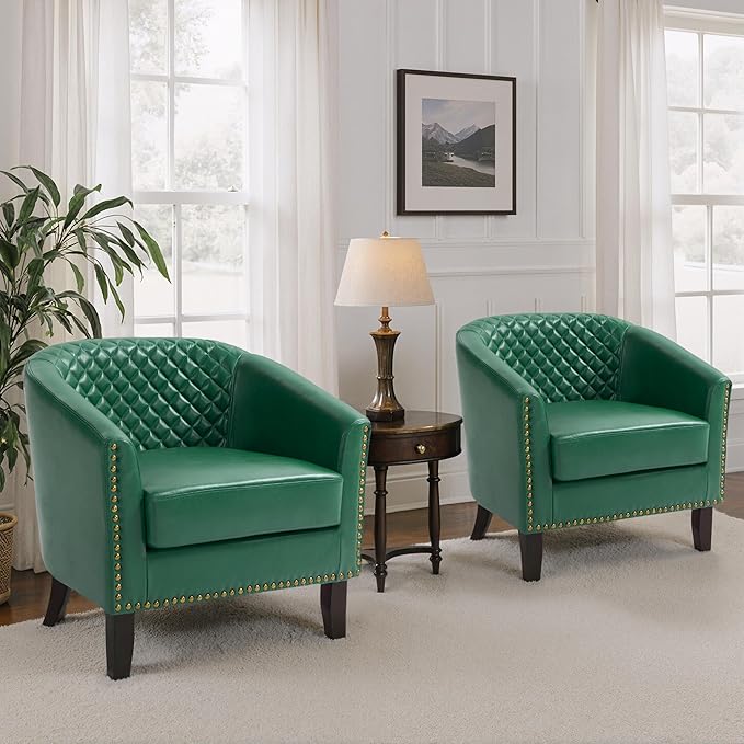 Pia Ricco Faux Leather Barrel Chairs Set of 2 Modern Comfy Accent Chairs Upholstered Armchair Club Chairs with Nailhead Trim Single Sofa Barrel Chair for Living Room Reading Room Green