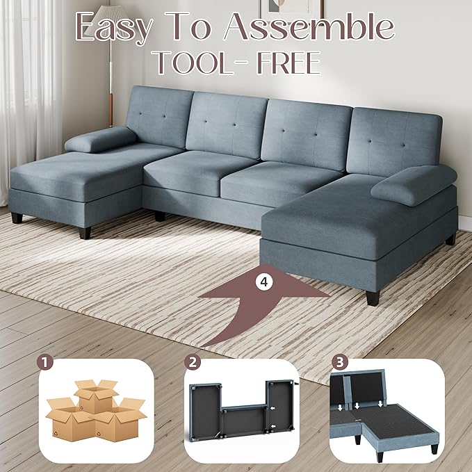 Shintenchi 106'' U-Shaped Sectional Couches for Living Room 4 Seat Modular Sectional Sofa with Double Chaise Couch for ApartmentBlack/Blue