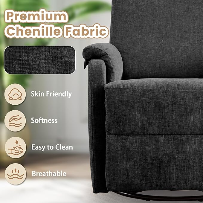 Swivel Rocking Recliner with Massage Small Glider Chair for Nursery Modern-Designed Armrests Chair for Adults Living Room Chenille Black