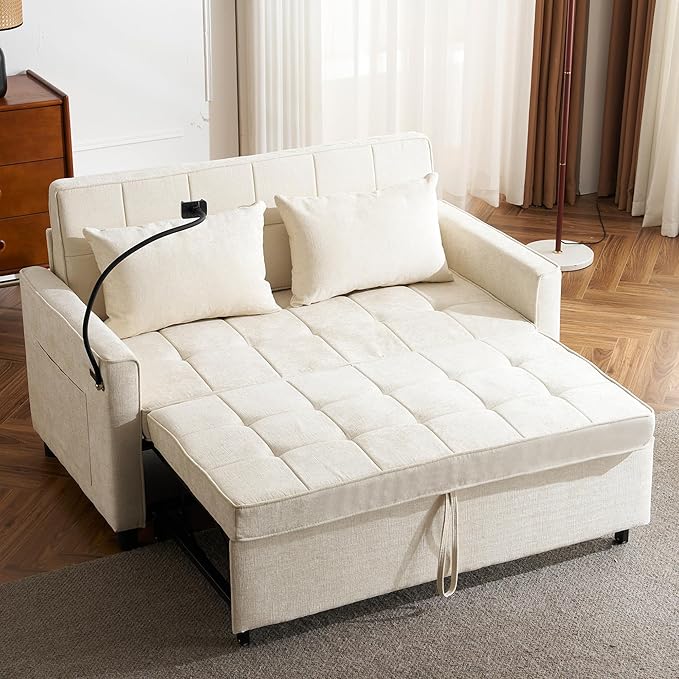 Anwick Modern 56.9 Convertible Sleeper Sofa Bed 3 in 1 Comfy Velvet Loveseat Sleeper Chair BedAdjustable BackrestTwo USB Ports and Phone HolderPull Out CouchLoveseatSectional Sofa Bed (Beige)