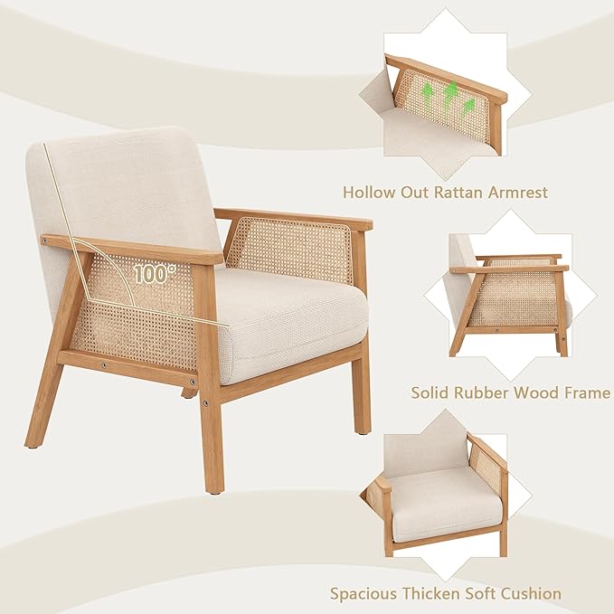 ALISH Mid-Century Modern Accent Chairs Upholstered Living Room Chairs Armchairs with Rattan Arms and Wooden Legs for Living Room Bedroom (Beige Set of 1)