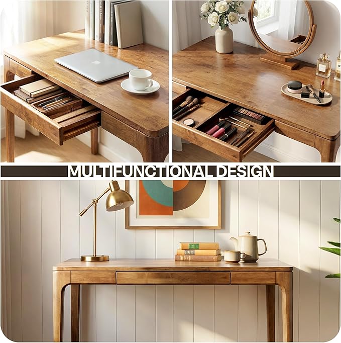 Acacia Wilma 48” Rubber Wood Rectangular Writing Desk for Study Office Desk Dining Table Set for 4 with Storage Drawer Mid-Century Modern Table for Bedroom Dining Room Easy Assembly Natural