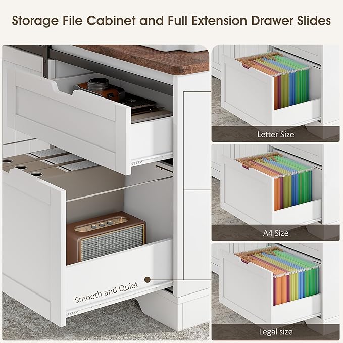 Whalefall L Shaped Standing Desk with Drawers Height Adjustable Farmhouse Executive Computer Desk Corner Desk with Cable Management and File Storage for Home Office White