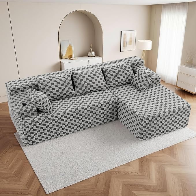 96.8 Boneless Couch Cloud Modular Sectional Sofa with L Shaped Chaise Modern Upholstered Deep Seat Boneless Couches Lounge with 5 Pillows for Living Room Bedroom(Gray Checked Right Facing Chaise)