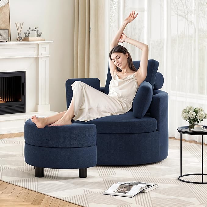 39.8” Swivel Accent Barrel Chair with Storage Oversized Round Chairs with Half Moon Ottoman Swivel Barrel Chaise Lounge Indoor with Neck Support Pillow Barrel Chairs for Living Room Dark Blue