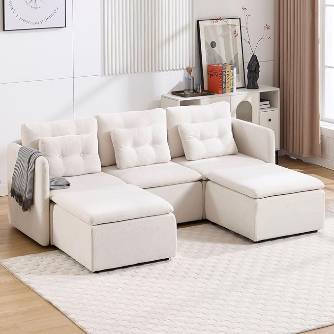 LukeAlon U Shaped 3 Seater Modular Sectional Sofa Couch with Waist Pillow Modern Chenille Sofa Set with Two Ottoman 82.5 Comfy Upholstered Lounge Sleeper Sofa Couch for Living Room Apartment Beige