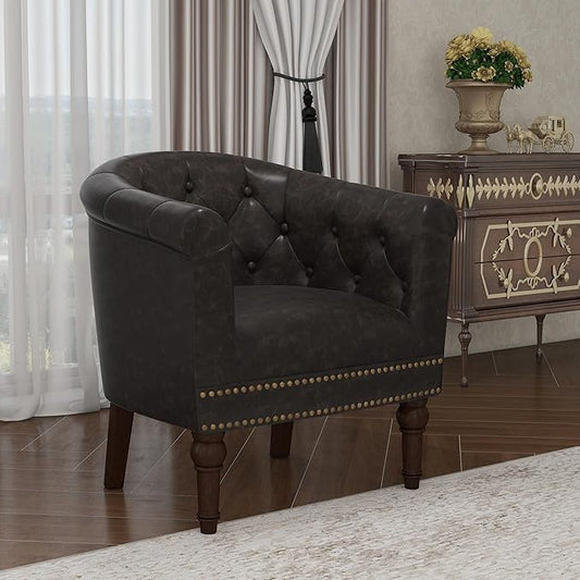 Accent Chair Upholstered Faux Leather Barrel Chair with Nailed Trim Comfy Club Armchair for Reading Living Room Bedroom Waiting Room (Coffee Set of 1)