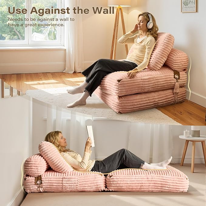 75''Foldable Sofa BedPink Convertible Folding Sleeper Chair BedFoldable Single Sofa Foam Filling Couch with Pillow Comfy Corduroy Lazy Floor Sofa for Small Room Living Room Bedroom Apartment