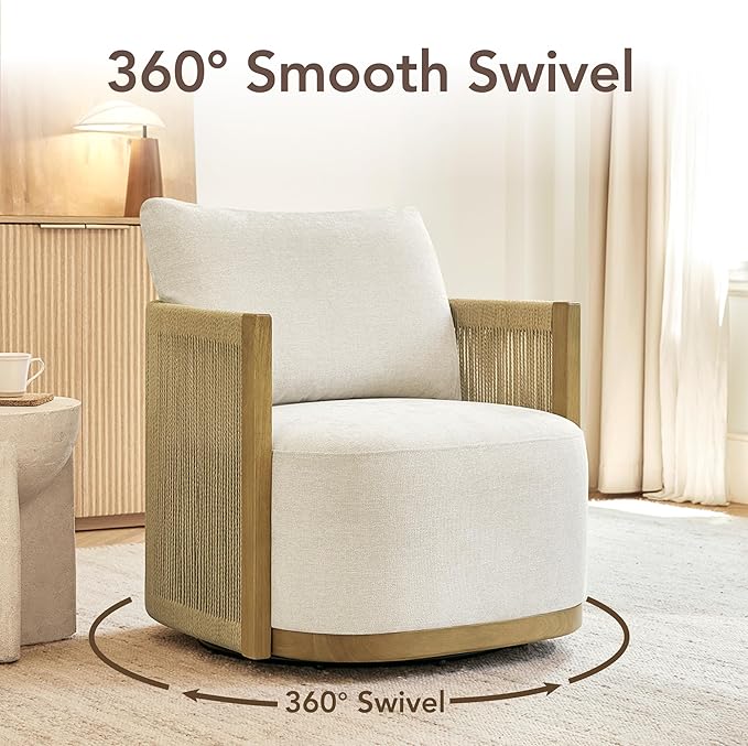 CHITA Braid Swivel Accent Chairs Modern Comfy FSC Certified Armchair with Paper Cord &amp Wood Frame for Living Room and Bedroom Fully Assembled - Linen
