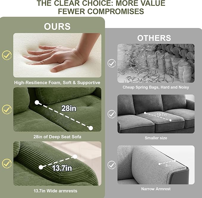 81.8 L-Shaped Cloud Couch Modular Sectional Sofa - Boneless Deep Seat 2-Seater with Movable Ottoman No Assembly Corduroy Upholstery Couches for Living Room (Green)