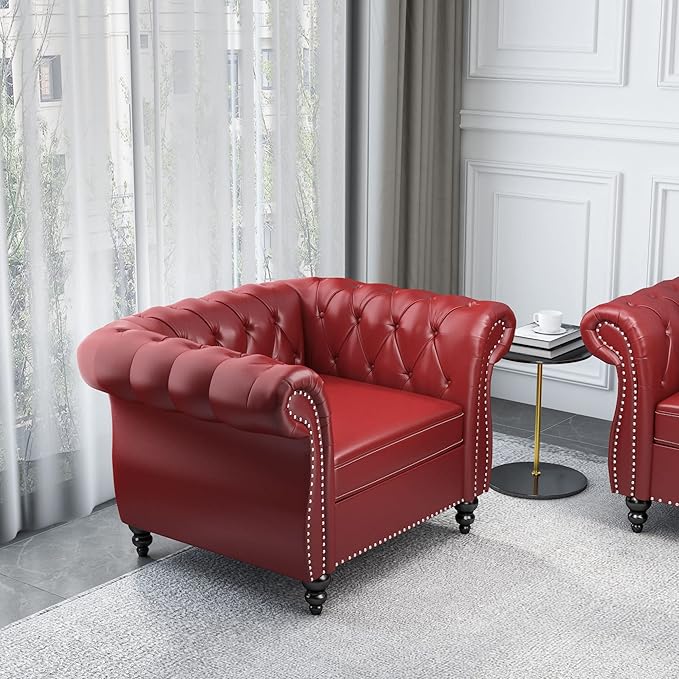 Chesterfield Chair Modern Leather Tufted Accent Sofa Couch Chair with Rolled Arms and Nailhead for Living Room Bedroom Office Apartment (Burgundy)