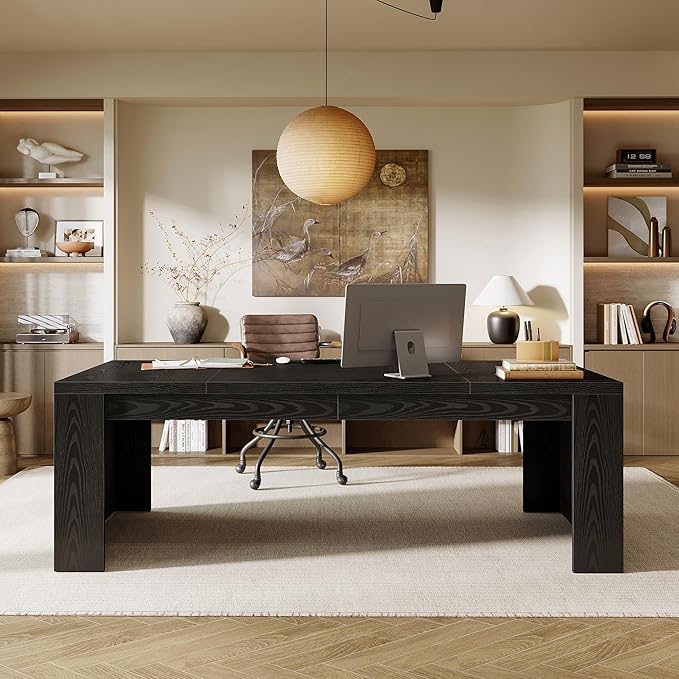 Tribesigns 70.9-Inch Wooden Computer Desk Large Farmhouse Executive Office Desk with Sturdy Double Pedestal Legs Workstation Business Furniture for Home Office (Black)