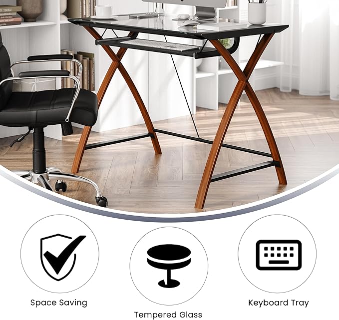 Flash Furniture Jude Tempered Glass Computer Desk with Pull-Out Keyboard Tray and Crisscross Frame Small Computer Desk for Home Office Cherry/Clear